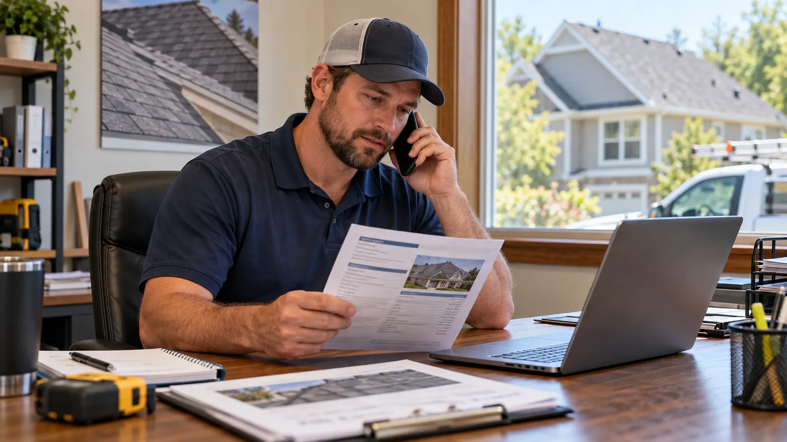 A roofing contractor on the phone at his desk, reading a printed roof estimate